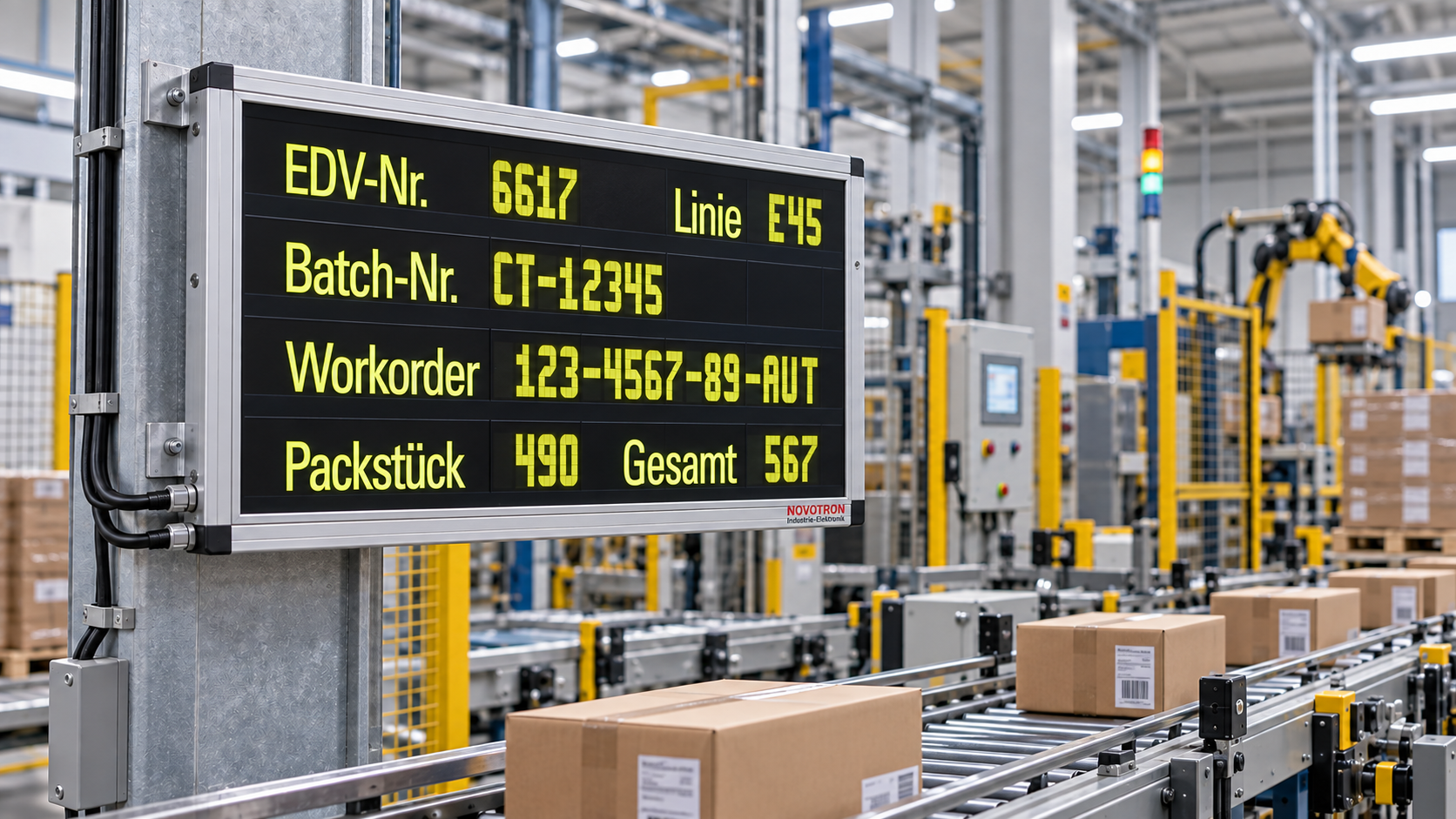 LCD-Segmentanzeige mit Auftrags- und Chargeninformationen in einer Verpackungslinie